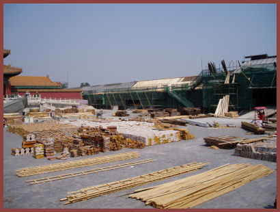 Reconstruction of a building in the Forbidden Palace, Beijing. The building has been unpacked and lain out on the ground so that faulty parts can be replace and the whole rebuilt